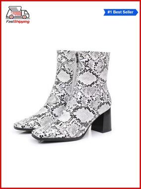 Women's Ankle Boots Square Toe Chunky Block Heel Side Zipper